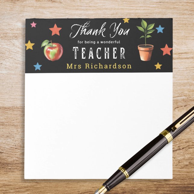 Bloc-note Merci Professeur Étoiles de Craie Pomme Personnali (A personalized note pad with message 'Thank you for being a wonderful teacher')