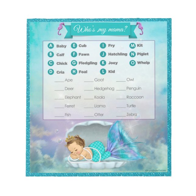 Bloc-note Mermaid Baby shower animal match jeu#130 40feuille (Devant)
