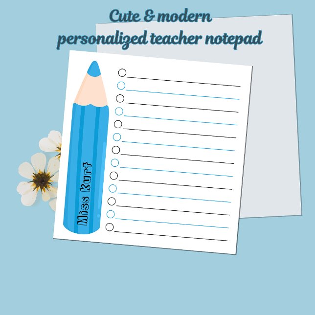 Bloc-note Mignolette Bleu crayon Linked Professeur Personnal (Modern Chic Fun Blue Pencil Personalized Teacher Appreciation Notepads)
