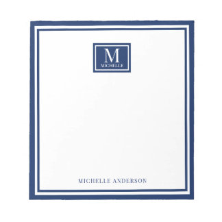 Bloc-note Minimaliste Deux Bordures Monogramme Nom Bleu Mari