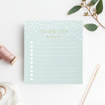 Bloc-note Mint | Confetti Dots Personalized To-Do List<br><div class="desc">Chic personalized notepad features "to do list" at the top with your name beneath, in dark antique gold lettering on an ethereal pastel mint green background dotted with white confetti dots raining from the top. Keep track of all your important items with this lined to-do list note pad featuring 10...</div>