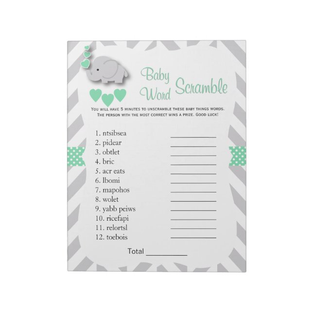 Bloc-note Mint Green & Grey Elephant Baby shower Mot Jeu (Tourné)