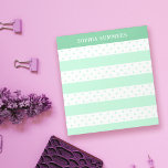 Bloc-note Mint Green Pois & Stripes Ajouter Votre Nom<br><div class="desc">Bloc-notes personnalisé vert menthe avec pois polka et rayures dans une teinte douce de vert menthe pastel et votre nom en blanc contre un vert menthe foncé. Bloc-notes à rayures et pois vert à la menthe personnalisé avec votre nom en lettres blanches. Joignez vos notes sur ce joli bloc-notes pois...</div>