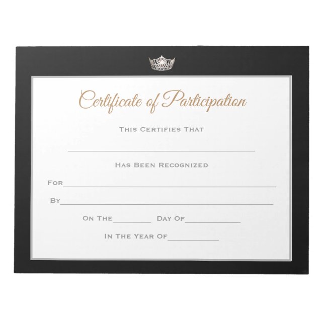 Bloc-note Miss America style Pageant Certificates-Particptn (Devant)