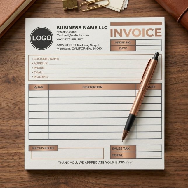 Bloc-note Modèle de facture commerciale avec logo personnali (printed business sales tracker, company logo receipt book, modern minimalist invoice notepad, pro)