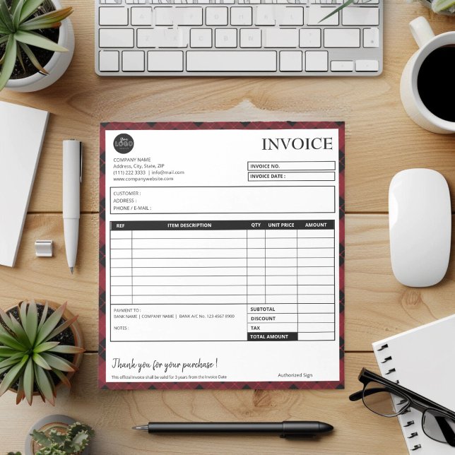 Bloc-note Modèle de facture commerciale frontière minimale (Minimalist plaid border festive invoice template)