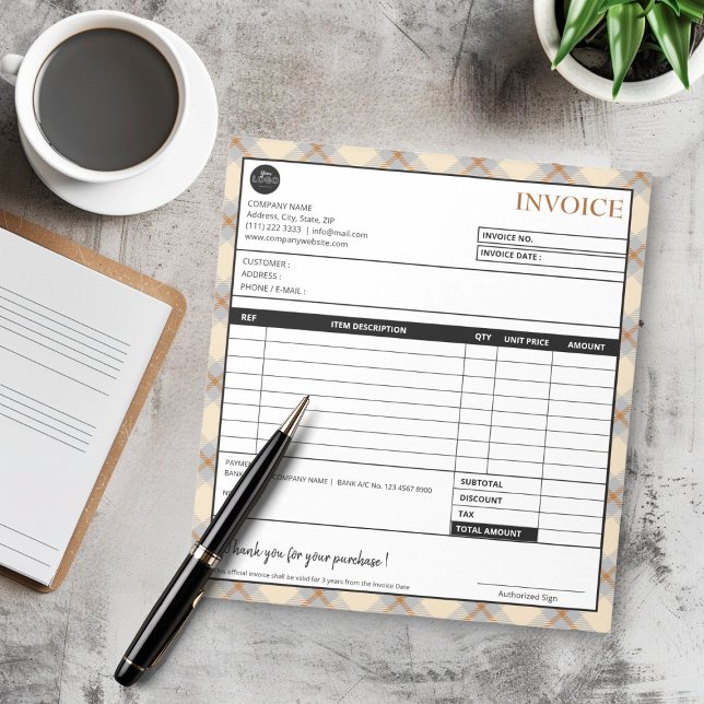 Bloc-note Modèle de facture commerciale frontière simple (Simple Peach Plaid Border Business Invoice Template)