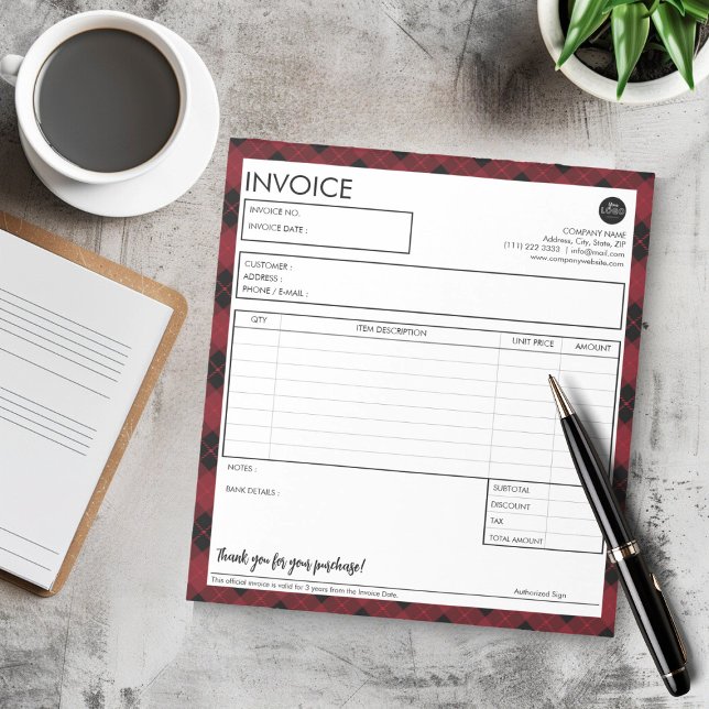 Bloc-note Modèle de facture simple avec une bordure personna (Minimalist Red Plaid Border Business Invoice Template Notepad)