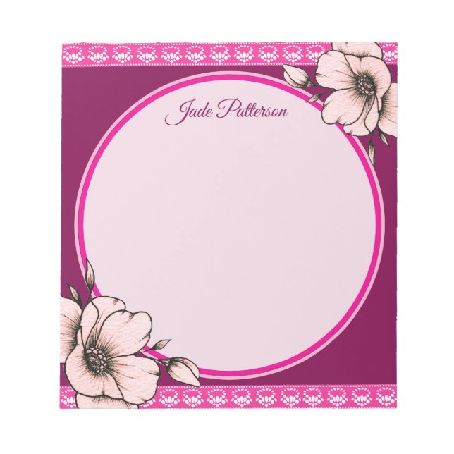 Bloc-note Modèle de nom de cadre de cercle floral rose et bo (Devant)