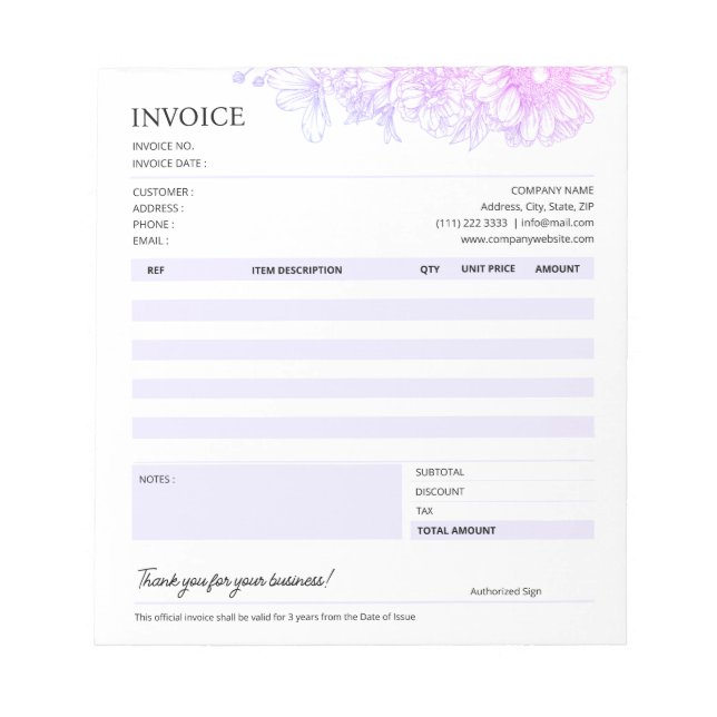 Bloc-note Modèle de vente de factures commerciales florales (Devant)
