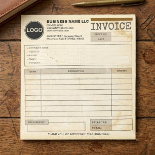 Bloc-note Modèle Vintage, Formulaire de vente de facture de