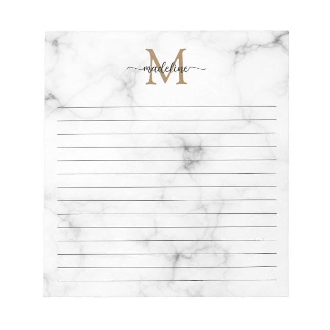 Bloc-note Modern Marble Gold Girly Script Monogram Lined (Devant)