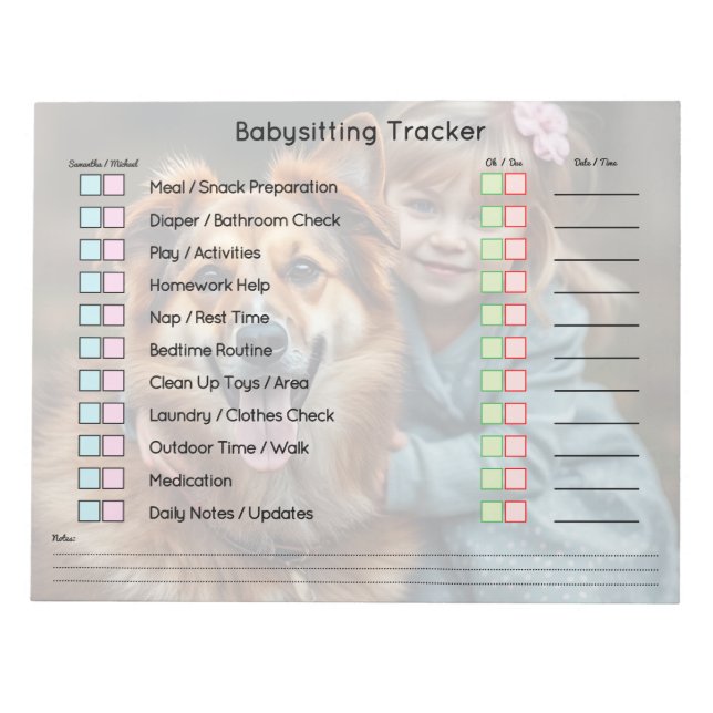 Bloc-note Modern Photo Babysitting Tracker Task Planner (Devant)