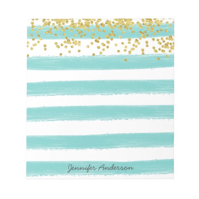 Bloc-note Moderne Rayure Turquoise Confettis Or Personnalise (Devant)