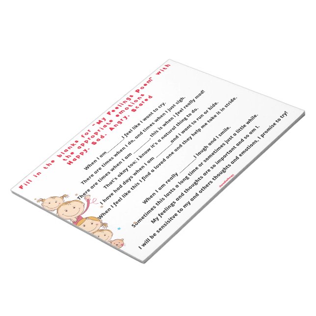 Bloc-note Mon poème Sentiments Remplissez le blanc (Incliné)