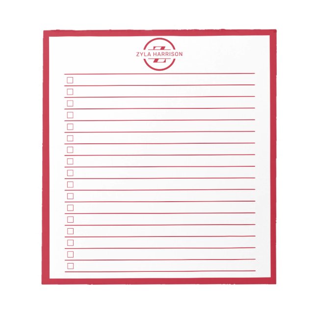 Bloc-note Monogram Minimalist Red Name To Do List (Devant)