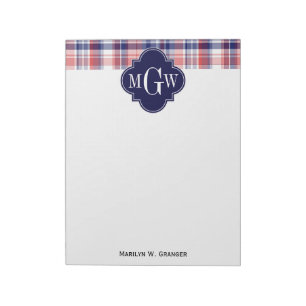 Bloc-note Monograme de Red White Blue Preppy Madras