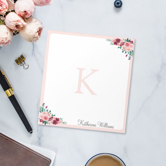Bloc-note Monogramme Aquarelle Boho rose Bourgogne Rose Fleu (In situ Office desk)