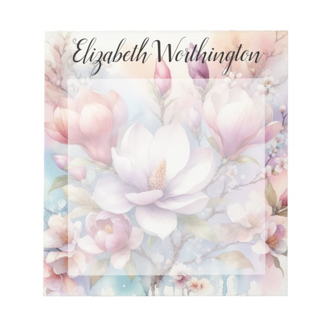 Bloc-note Monogramme aquarelle florale fleurs de magnolia ro (Devant)