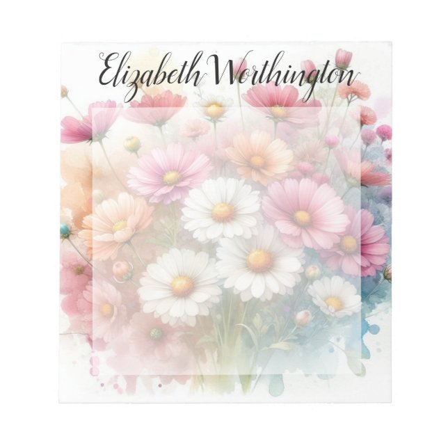 Bloc-note Monogramme aquarelle florale fleurs roses margueri (Devant)
