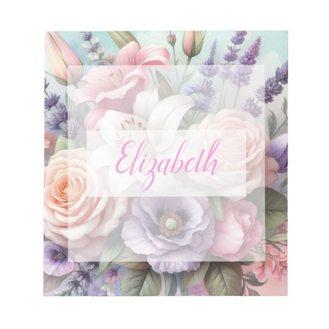 Bloc-note Monogramme aquarelle florale fleurs roses violette (Devant)