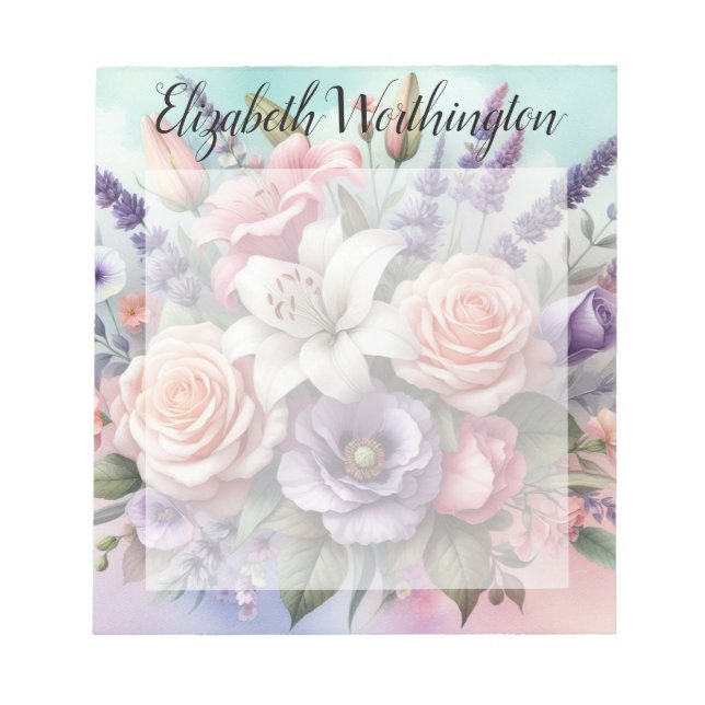 Bloc-note Monogramme aquarelle florale fleurs roses violette (Devant)