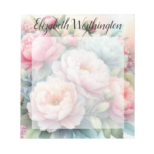 Bloc-note Monogramme aquarelle florale pivoines roses bleues (Devant)