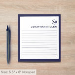 Bloc-note Monogramme blanc de marine à ligne professionnelle<br><div class="desc">Un bloc-notes professionnel avec un design minimaliste dans une palette de couleurs bleu marine et blanc. Initiale monogramme personnalisée et nom sur un simple arrière - plan blanc, encadré par une bordure de marine. Personnalisez-vous en utilisant les champs fournis ou utilisez le bouton "message" pour contacter le concepteur pour obtenir...</div>