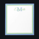 Bloc-note Monogramme Bleu Barbeau et Vert Sauge Prépa<br><div class="desc">Personnalisez ce bloc-notes de monogramme vert sauge doux,  bleu barbeau et blanc prépa avec votre choix de nom et d'initiale.</div>