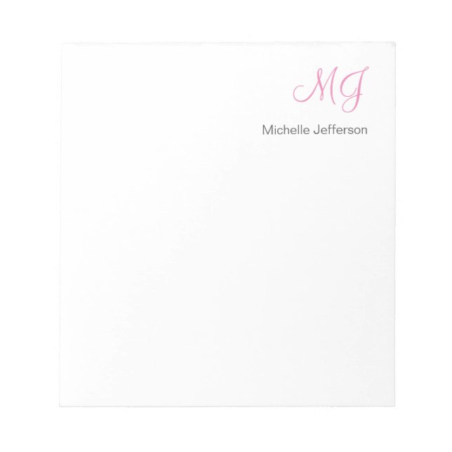 Bloc-note Monogramme de calligraphie unique blanc rose Initi (Devant)