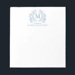 Bloc-note Monogramme de crête Florale Bleu Français Classiqu<br><div class="desc">Classic Français Blue Floral Crest Monogram Note Card</div>