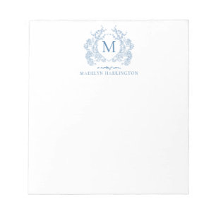 Bloc-note Monogramme de crête Florale Bleu Français Classiqu