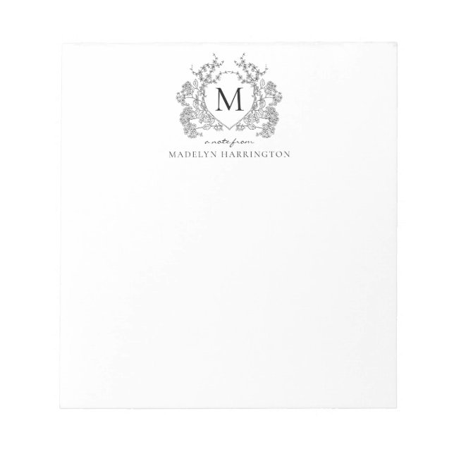 Bloc-note Monogramme de crête florale noir et blanc classiqu (Devant)