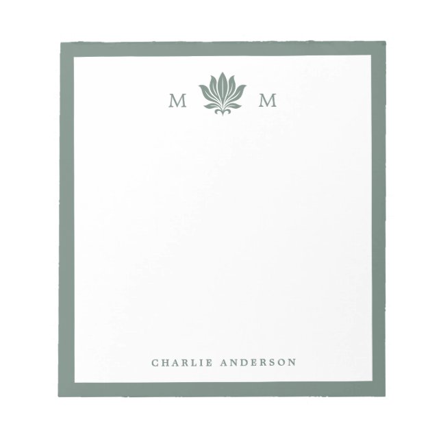 Bloc-note Monogramme de fleur de lotus vert pin poussiéreux (Devant)