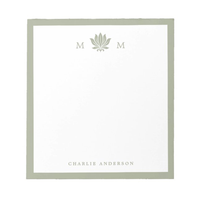 Bloc-note Monogramme de fleur de lotus vert sauge poussiéreu (Devant)