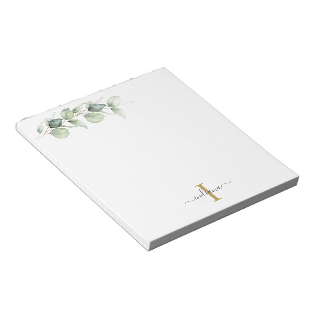 Bloc-note Monogramme de nom de style floral d'eucalyptus ver (Incliné)