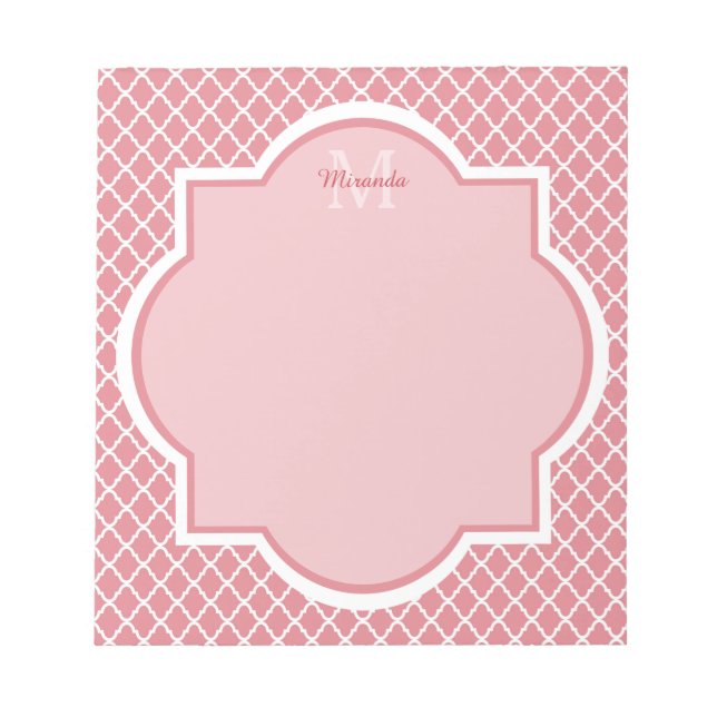 Bloc-note Monogramme de Quatrefoil Rose Chic Avec Nom (Devant)