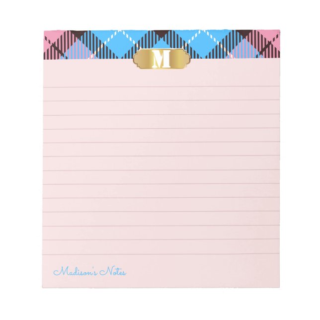 Bloc-note Monogramme doré Tartan moderne Script Apricot Liné (Devant)