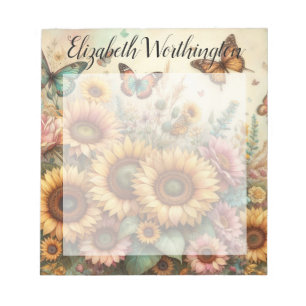 Bloc-note Monogramme et nom sur fleurs aquarelles vintage