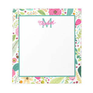 Bloc-note Monogramme floral de printemps rose et sarcelle