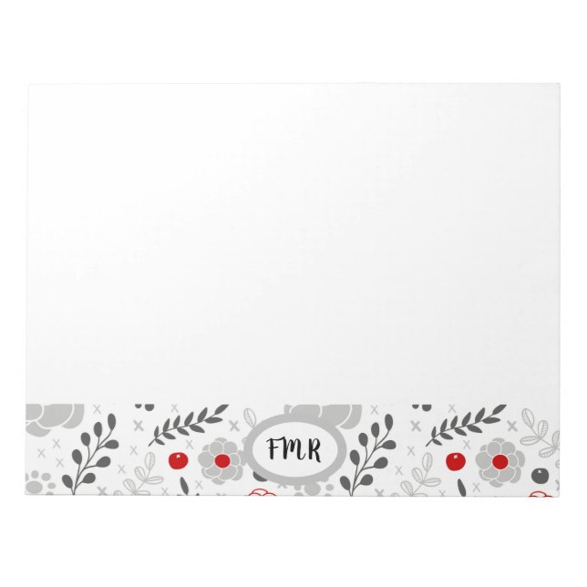Bloc-note Monogramme floral rouge gris moderne (Devant)