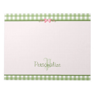 Bloc-note Monogramme Gingham Vert Féminin Avec Nom