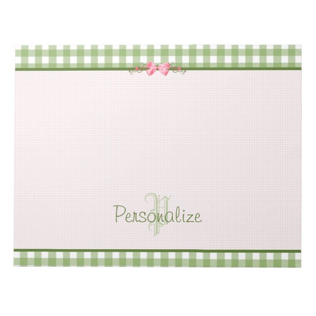 Bloc-note Monogramme Gingham Vert Féminin Avec Nom (Devant)