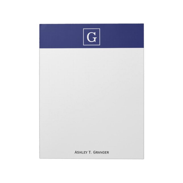 Bloc-note Monogramme Initial Cadre Bleu Marine Blanc (Tourné)