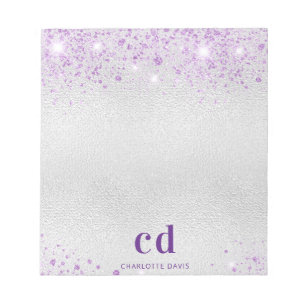 Bloc-note Monogramme initial nom paillettes métal violet arg