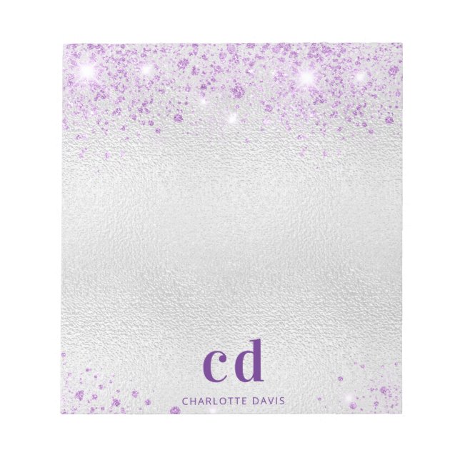 Bloc-note Monogramme initial nom paillettes métal violet arg (Devant)