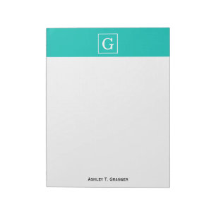 Bloc-note Monogramme initial turquoise blanc encadré