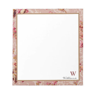 Bloc-note Monogramme luxe vintage Damask motif rose floral