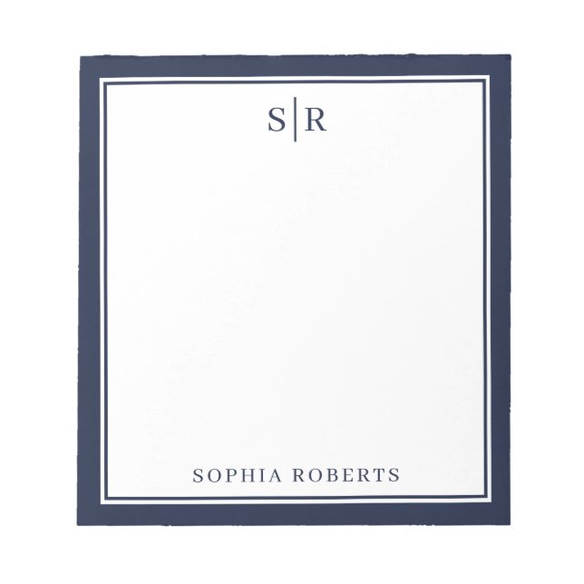 Bloc-note Monogramme Moderne Bleu Marine Blanc Nom Personnal (Devant)