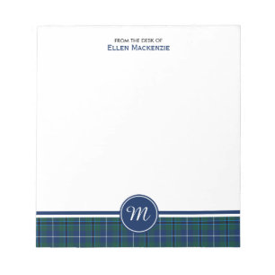 Bloc-note Monogramme moderne de tartan de bleu marine de